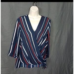 Atmosphere US Size 10 Navy Maroon Stripe Faux Wrap Blouse High Low V Neck Career